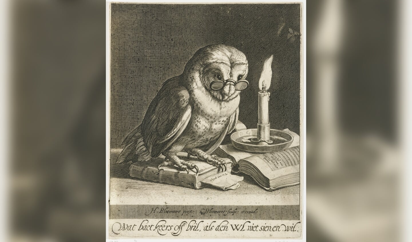 'Uil met bril en boeken' van Cornelis Bloemaert (II) (circa 1625) uit het Rijksmuseum.