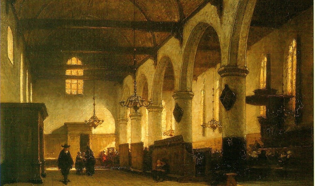 De Bakenesserkerk in Haarlem, plaats van de eerste kinderkerk. Schilderij van Johannes Bosboom.  (beeld wikimedia commons)