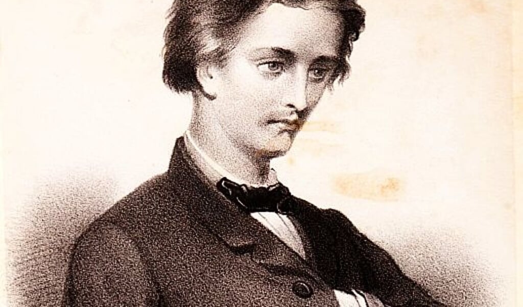 Lithografisch portret van Piet Paaltjens in de eerste druk van zijn dichtbundel 'Snikken en Grimlachjes' (1867).  (beeld wikipedia)