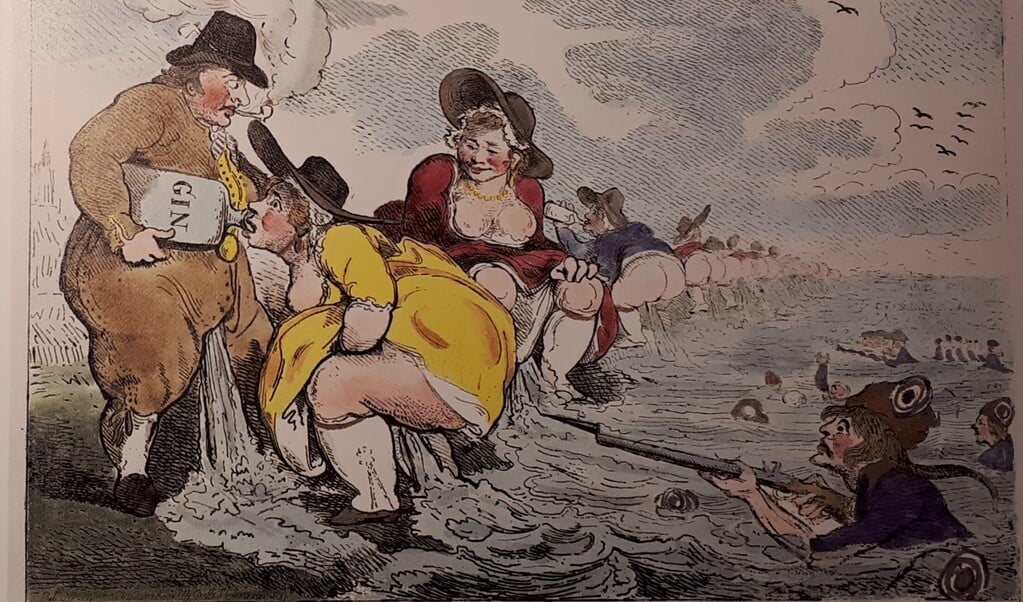 Engelse spotprent op het gebruik van de Hollandse waterlinie tegen een Franse inval in 1794.  (beeld rijksmuseum)