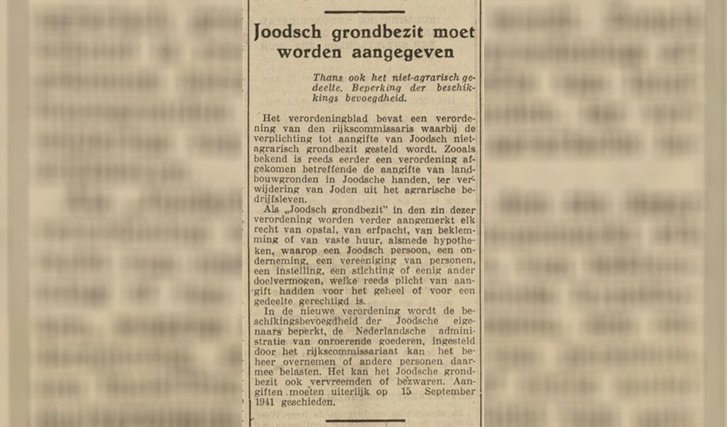 Oproep om vastgoed aan te geven in de Heldersche Courant, augustus 1941 (beeld Regionaal Archief Alkmaar)