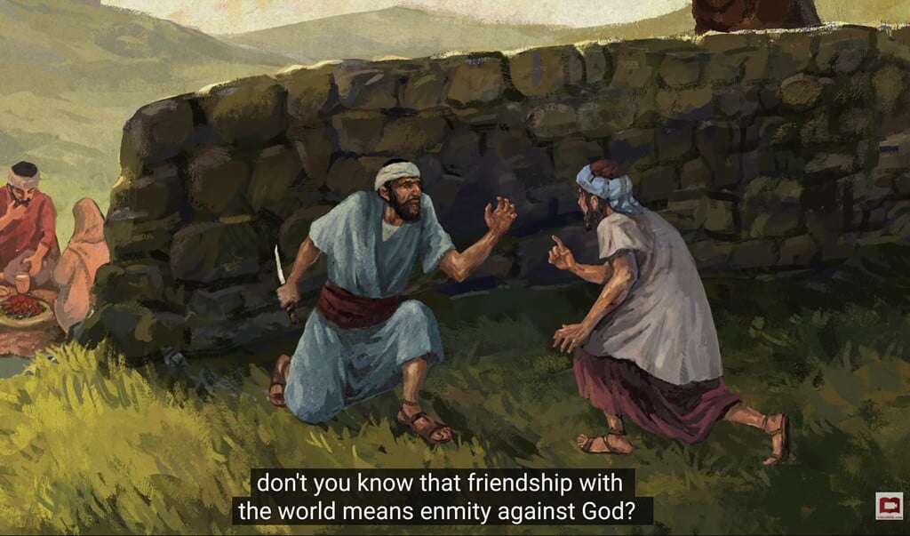 Fragment uit The Video Bible, Jakobus 4 vers 4: 'Beseft u dan niet dat vriendschap met de wereld vijandschap jegens God betekent?' (beeld youtube / the video bible)