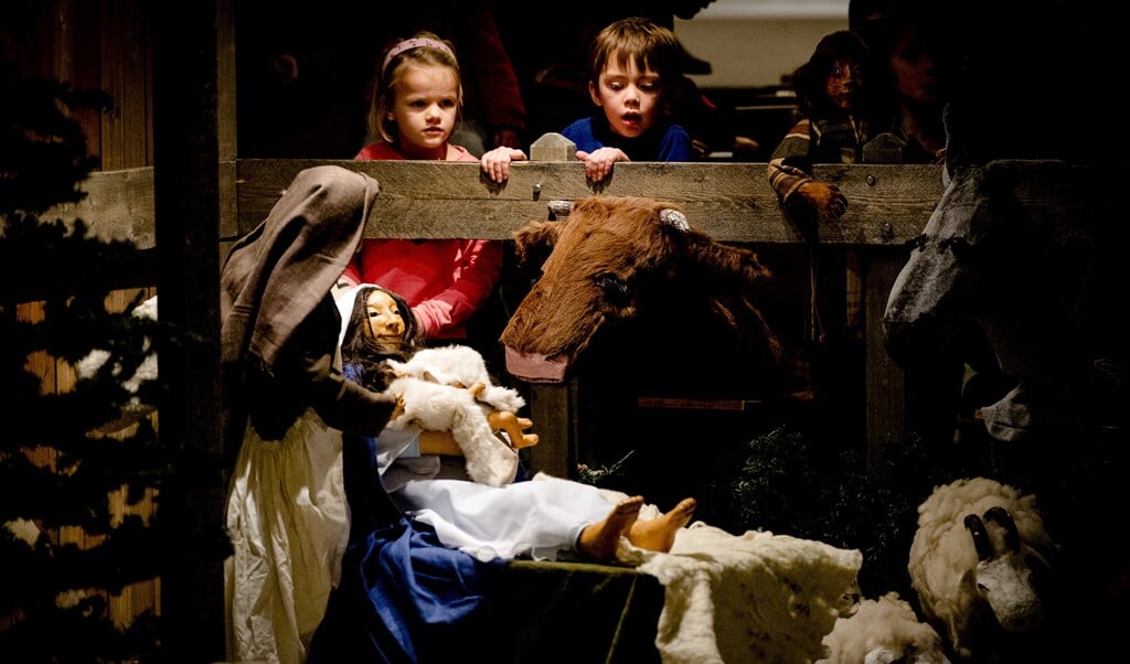 Kinderen kijken in de kathedraal van Sint-Bavo in Haarlem tijdens de kerstviering voor gezinnen op kerstavond naar de kerststal (foto uit 2014).  (beeld anp / Robin van Lonkhuijsen)