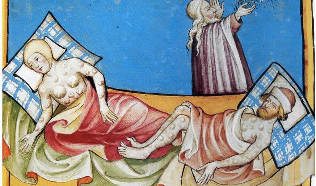 Pestlijders op een middeleeuwse miniatuur.  (beeld wikimedia)