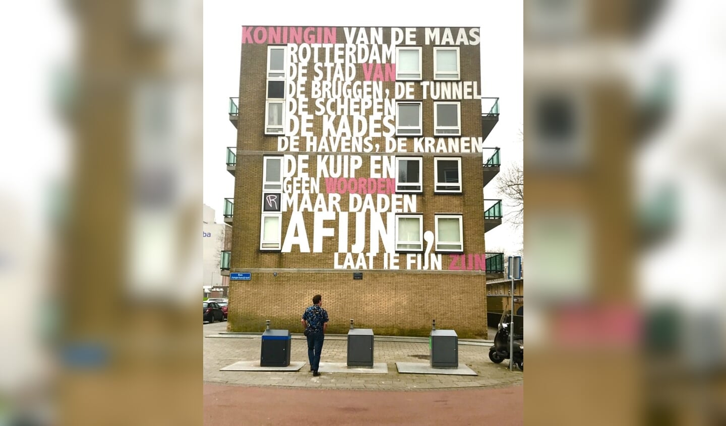 'Rotterdam aan de Meter', van Rieneke Grobben, op een muur in Den Haag.