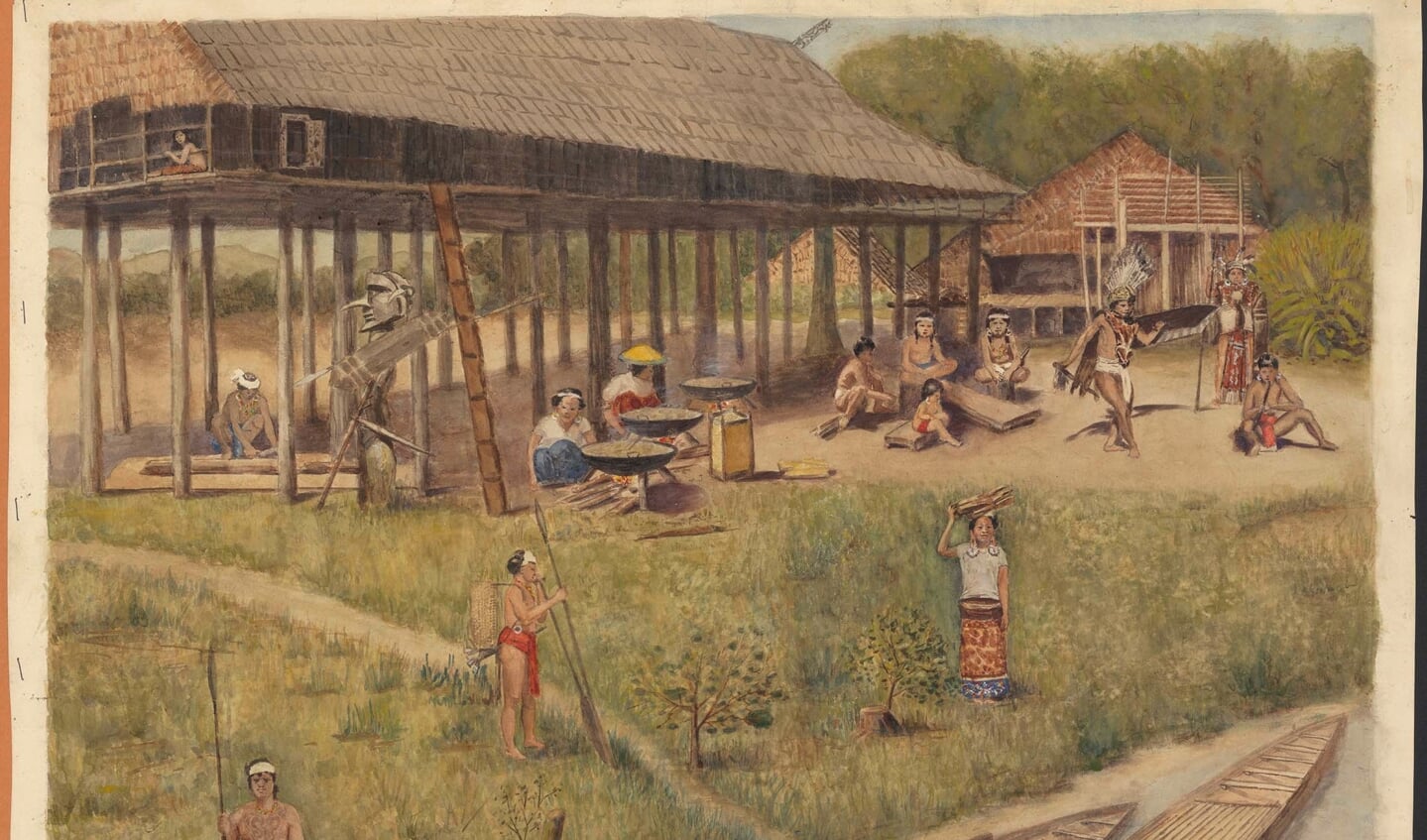 ‘Groot Dajaksch huis op Borneo’, 1915, W.J. Isings (1858-1938). Serie: Insulinde in woord en beeld. Uitgeverij J.B. Wolters Groningen/Den Haag.