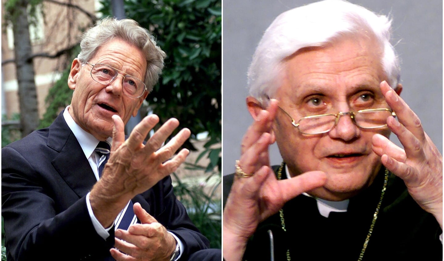 Theoloog Hans Küng in 2003 en paus Benedictus, toen nog kardinaal Ratzinger, in 2000.