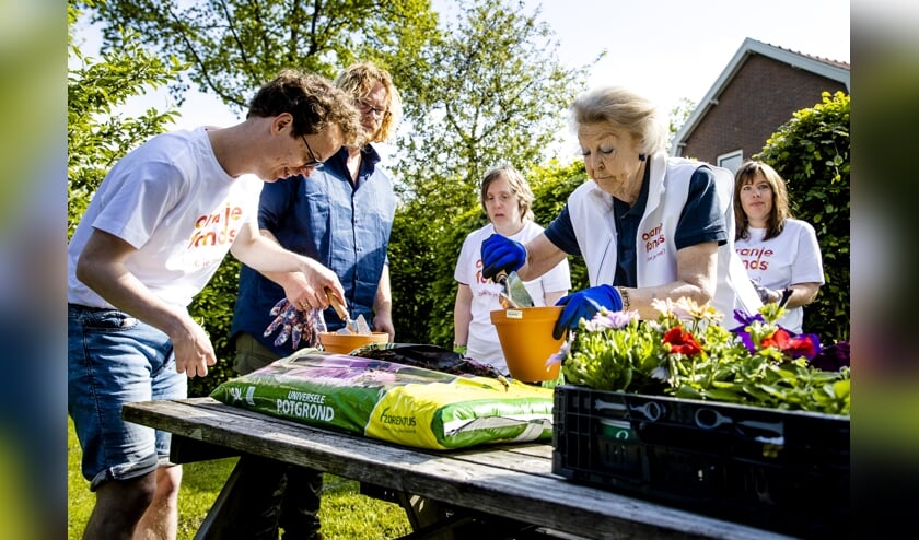 Prinses Beatrix steekt haar handen uit de mouwen voor de vrijwilligersactie NLdoet. (beeld anp / Sem van der Wal)