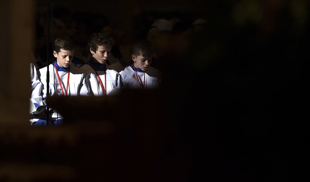 Leerlingen van het Vaticaanse kleinseminarie Pius X tijdens een pauselijke liturgie in de Sint-Pieter in Rome. (beeld afp / Filippo Monteforte)