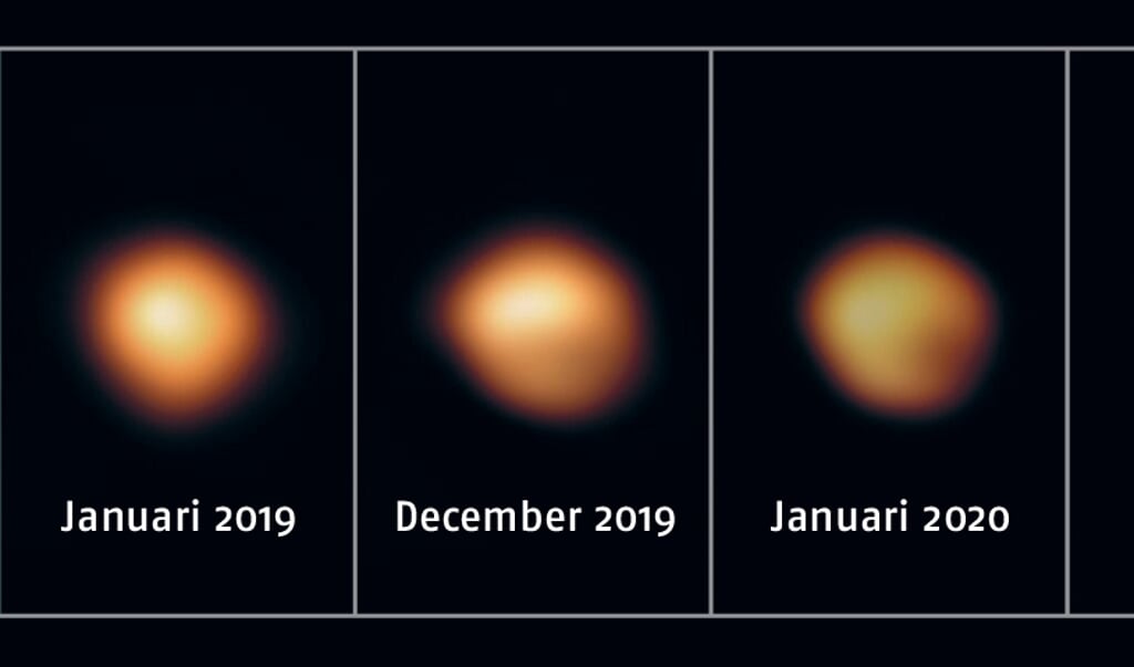 Verschillende opnamen van Betelgeuze laten de verandering in helderheid zien. (beeld Miguel Montargès)