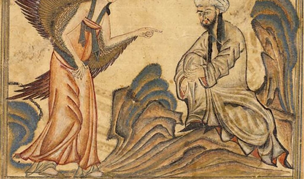 Mohammed ontvangt de openbaringen van de engel Gabriël. Illustratie uit de Jami' al-tawarikh van de Perzische historicus Rashid al-Din. (beeld wikipedia)