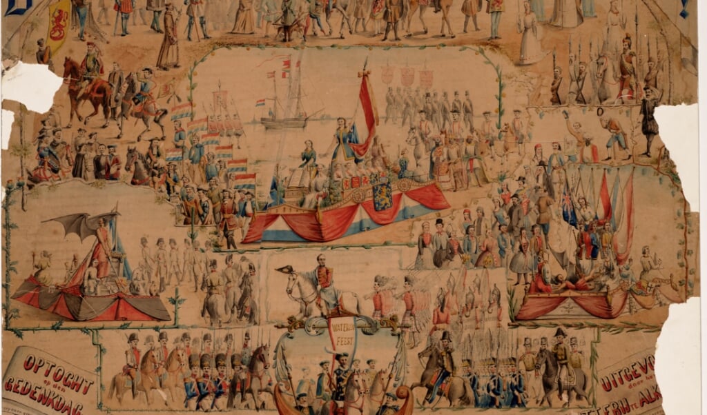 Kleurentekening van de viering van de vijftigste Waterloodag in 1865. (beeld collectie regionaal archief Alkmaar)