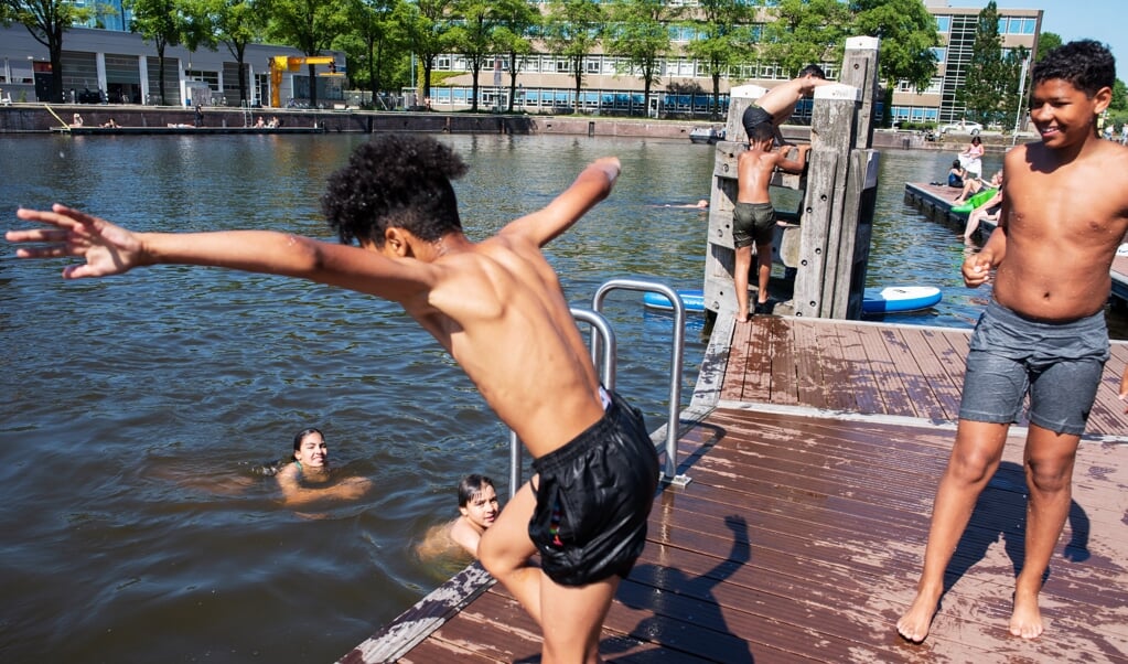 Het Marineterrein in Amsterdam lijkt op warme dagen wel één groot buitenbad. Maar veilig zwemwater is het niet. (beeld Sabine van Wechem)