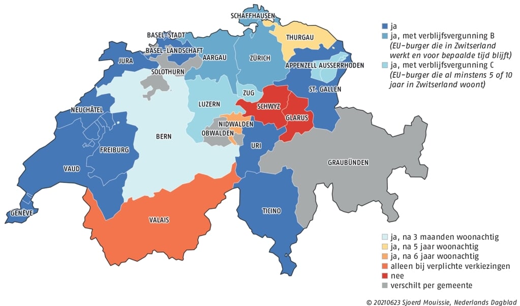 Waar mogen niet-Zwitserse katholieken hun stem uitbrengen bij katholieke verkiezingen en referenda? De 26 kantons hebben verschillende regels. Gegevens en data van deze infographic: kath.ch (beeld Sjoerd Mouissie)