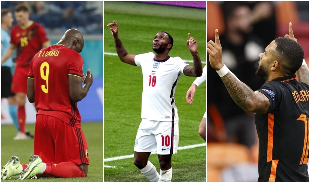 Romelu Lukaku (België), Raheem Sterling (Engeland), Memphis Depay (Nederland) (beeld afp / Anatoly Maltsev, epa / Matt Dunham, anp / Maurice van Steen)