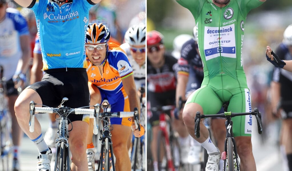 Links: Cavendish wint in 2008 in Châteauroux en deed dat deze Tour nog een keer (rechts).  (beeld afp)