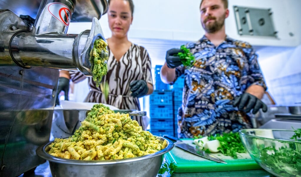 In Rotterdam maken Ayuk Baika en Scifo Minnaard van spinaziepulp broodjes ‘falafval’. (beeld Raymond Rutting)