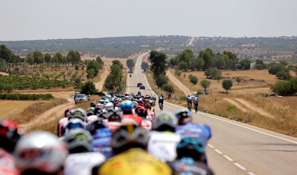 Het peloton deze week tijdens de Vuelta, even ten zuiden van Madrid.  (beeld epa / Manuel Bruque)