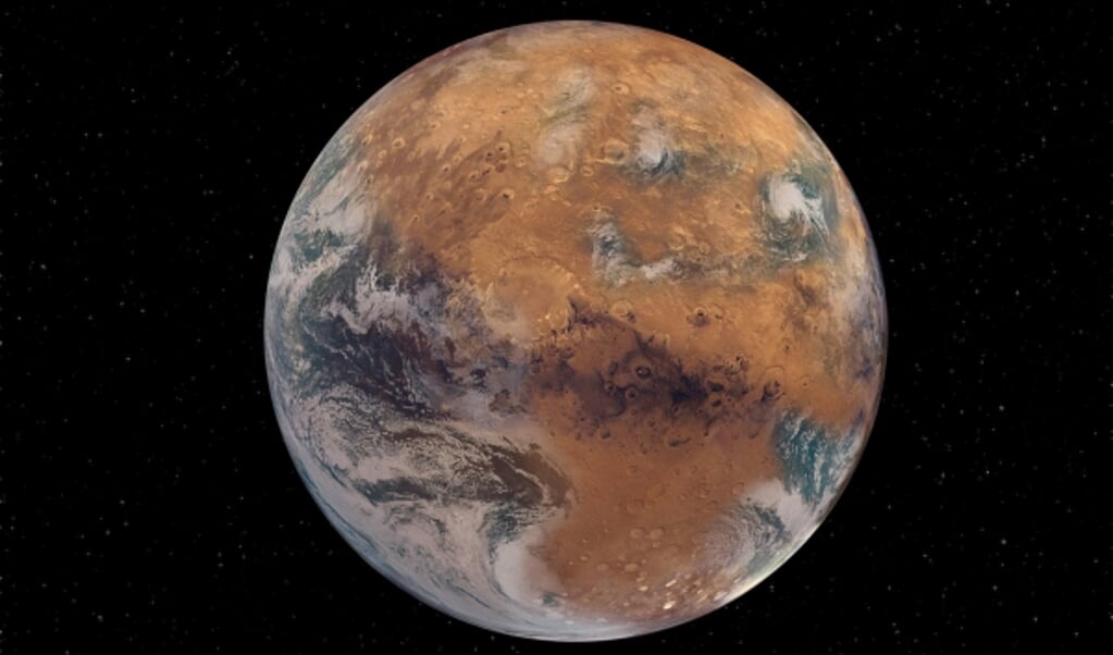 Deze bewerkte foto toont hoe Mars eruit zou zien als de planeet wél water vasthield. (beeld washington university / Sean Garcia)
