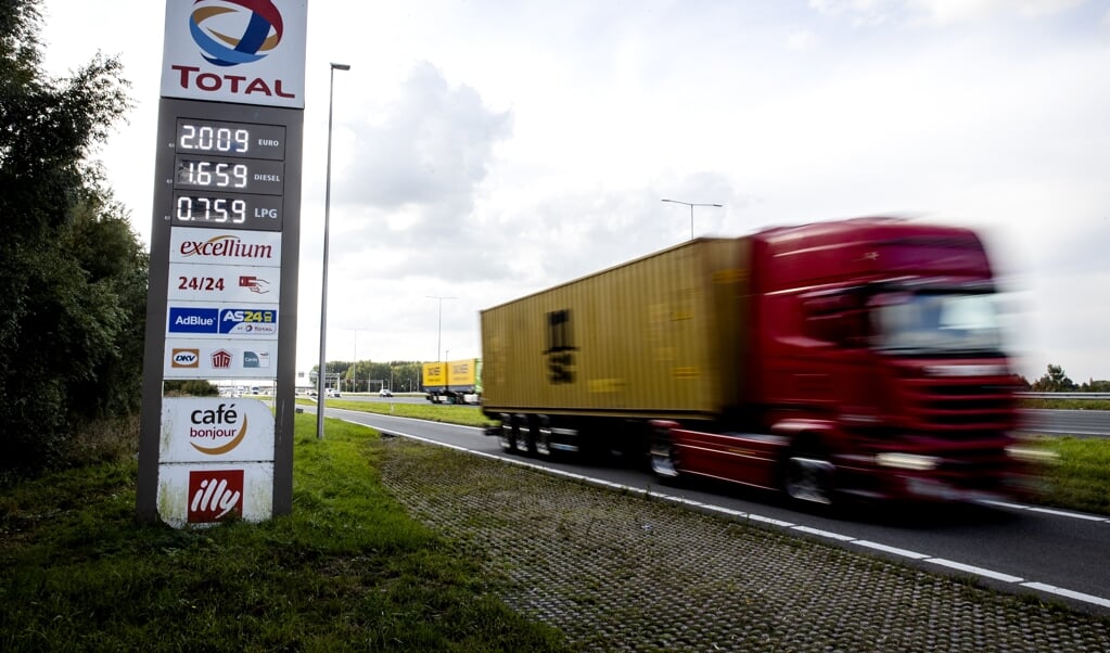 Een benzineprijs van twee euro per liter bij een tankstation langs de A12 bij Harmelen. (beeld anp / Sem van der Wal)