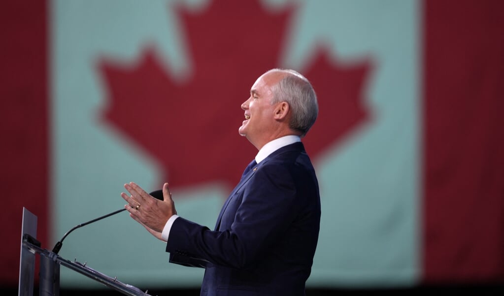 De conservatieve leider Erin O’Toole beleefde zijn verkiezingsavond in Oshawa, Ontario. (beeld afp / Geoff Robins)