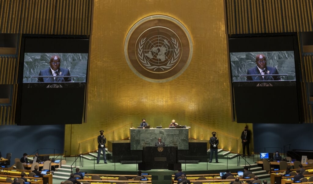 2021-09-22 18:18:54 Ghana’s President Nana Addo Dankwa Akufo-Addo addresses the 76th session UN General Assembly on September 22, 2021, in New York.
JUSTIN LANE / POOL / AFP (beeld Justin Lane / Pool / afp)