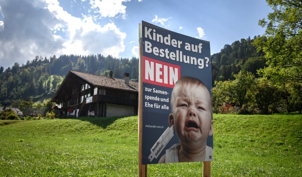 Met onder meer deze posters voeren tegenstanders van het homohuwelijk campagne en niet zonder succes. (beeld afp / Fabrice Coffrini)
