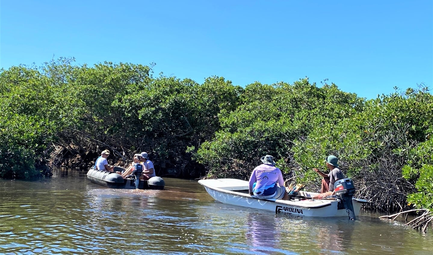 Mangrove Maniacs op weg naar het werk in het bovenwaterbos.
