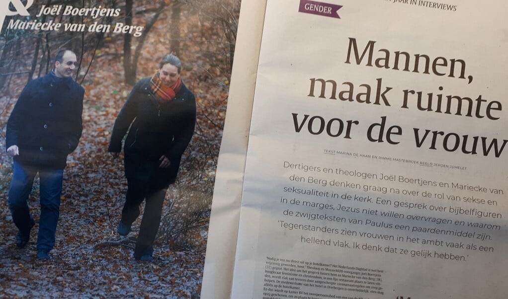 De dertigers en theologen Joël Boertjens en Mariecke van den Berg hebben met elkaar gesproken in verband met een interview in de eindejaarsbijlage. (beeld nd)