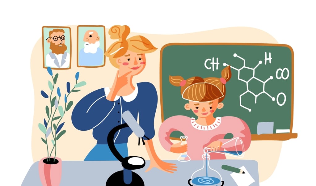 Chemical experiment flat vector illustration. Little girl and smiling female teacher in classroom cartoon characters. School education, chemistry subject. Smart schoolgirl, student holding flasks (Chemical experiment flat vector illustration. Little g  (beeld Getty Images/iStockphoto)