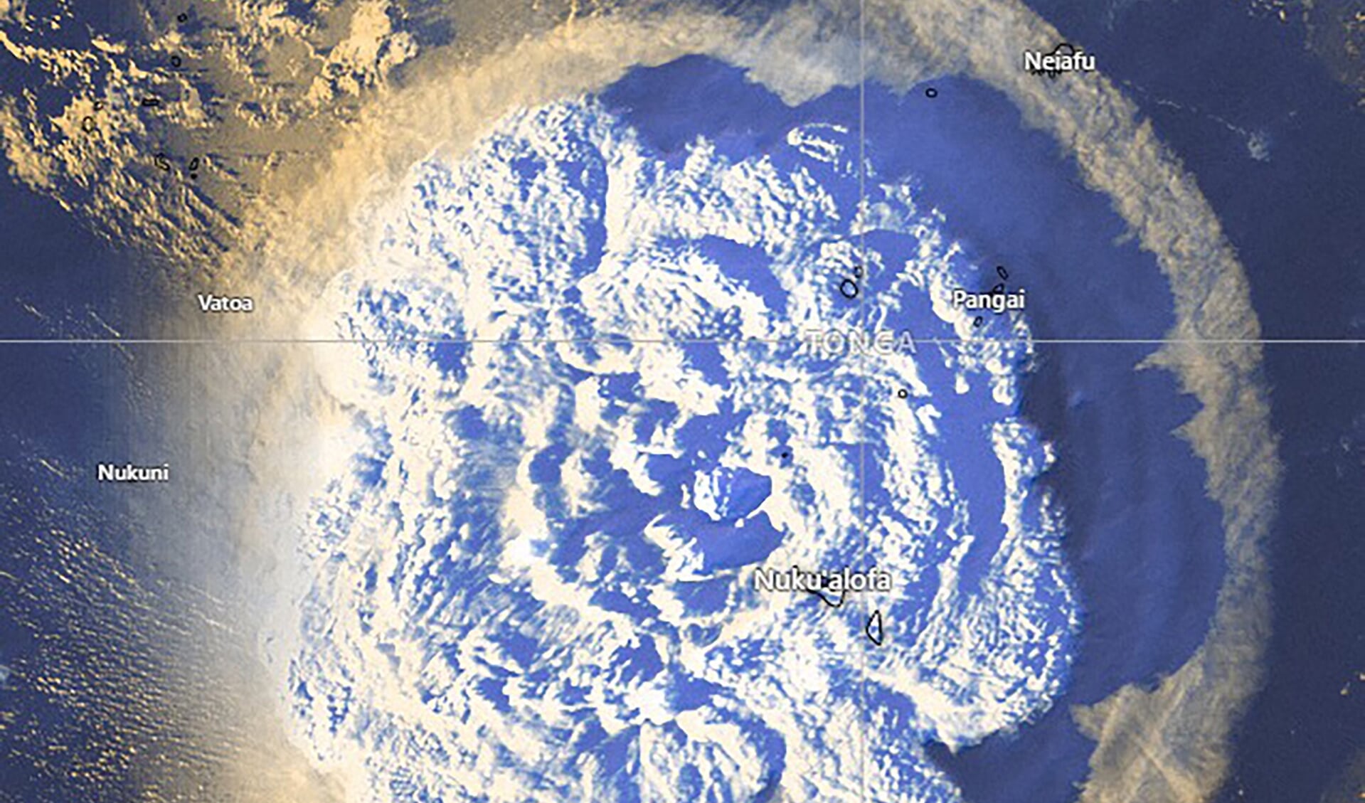 Een satellietfoto van de aswolk. 
