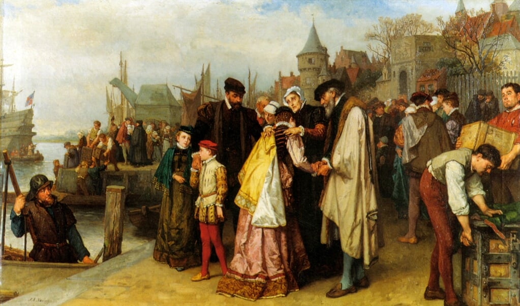 Vluchtende hugenoten in 1566. Schilderij van Jan Antoon Neuhuys uit 1891.  (beeld wikimedia commons)