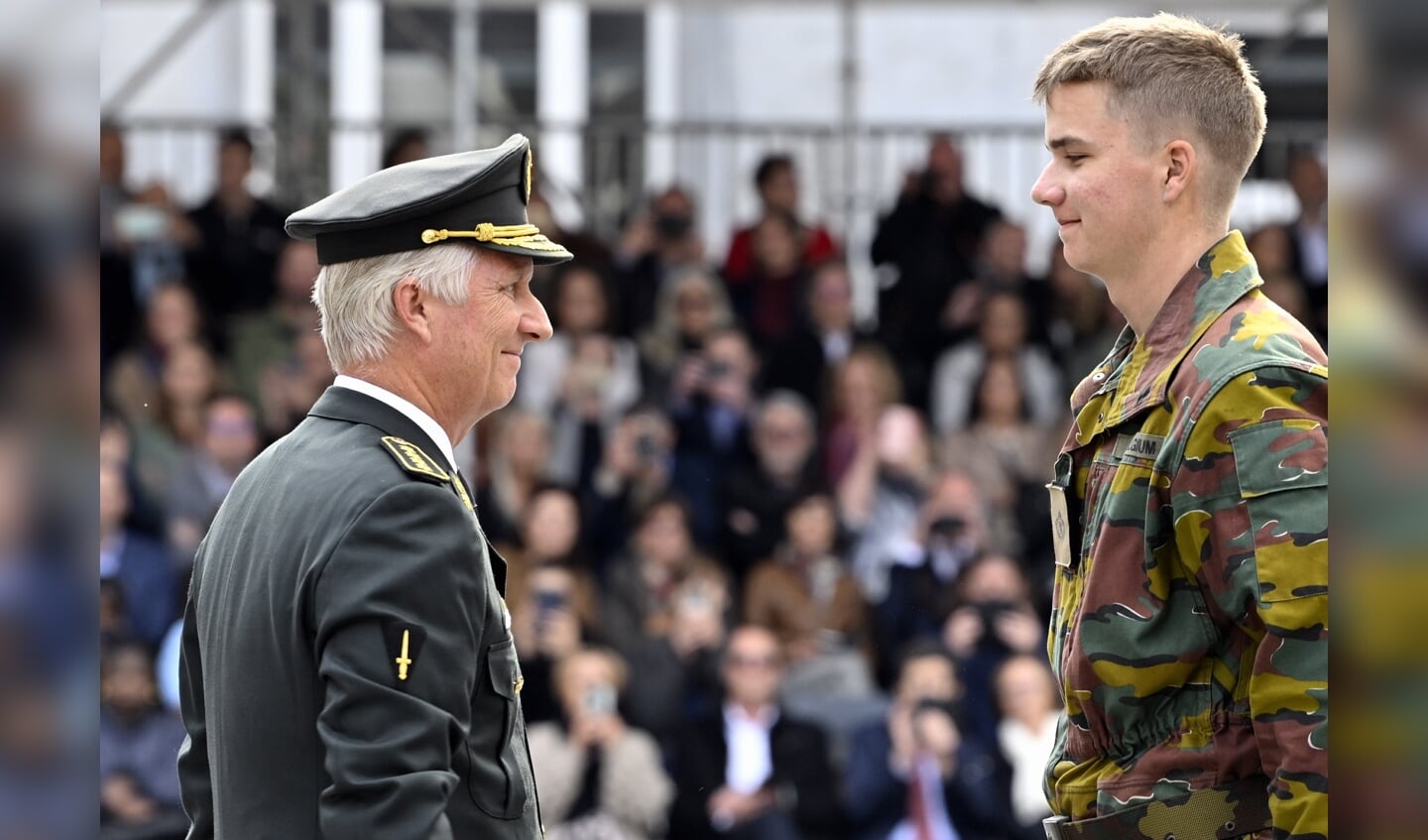 2022-09-30 00:00:00 King Philippe - Filip of Belgium and Prince Gabriel pictured during the Blue Berets parade during which the first-year students of the Royal Military Academy, who successfully completed the military initiation phase, are presented with a blue beret, in Brussels, Friday 30 September 2022. Prince Gabriel is a first-year student at the Royal Military Academy (KMS-ERM - Koninklijke Militaire School - Ecole Royale Militaire, this year. BELGA PHOTO ERIC LALMAND