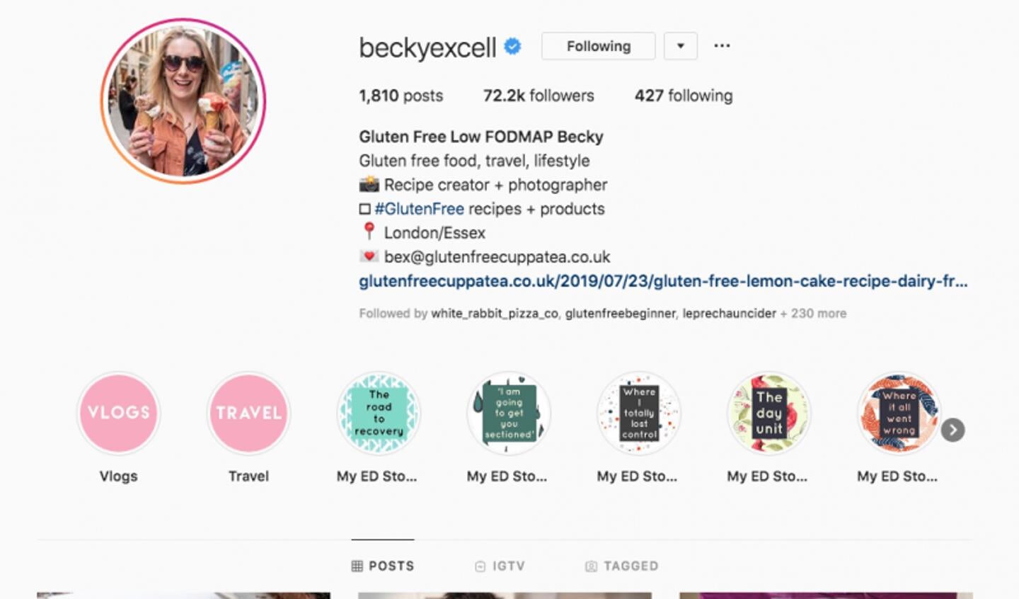 De Instagram-pagina van Becky Excell.
