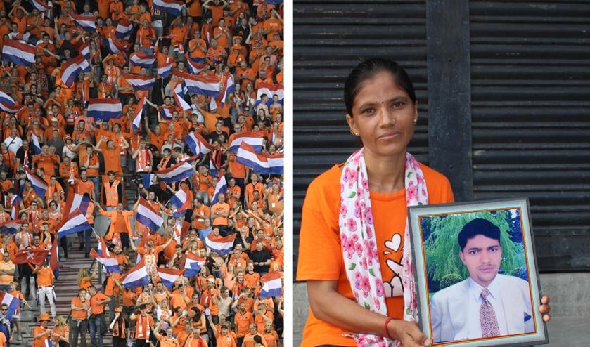 Links: voetbalfans van het Nederlands Elftal. Rechts: Dhanakala’s man overleed in Qatar.