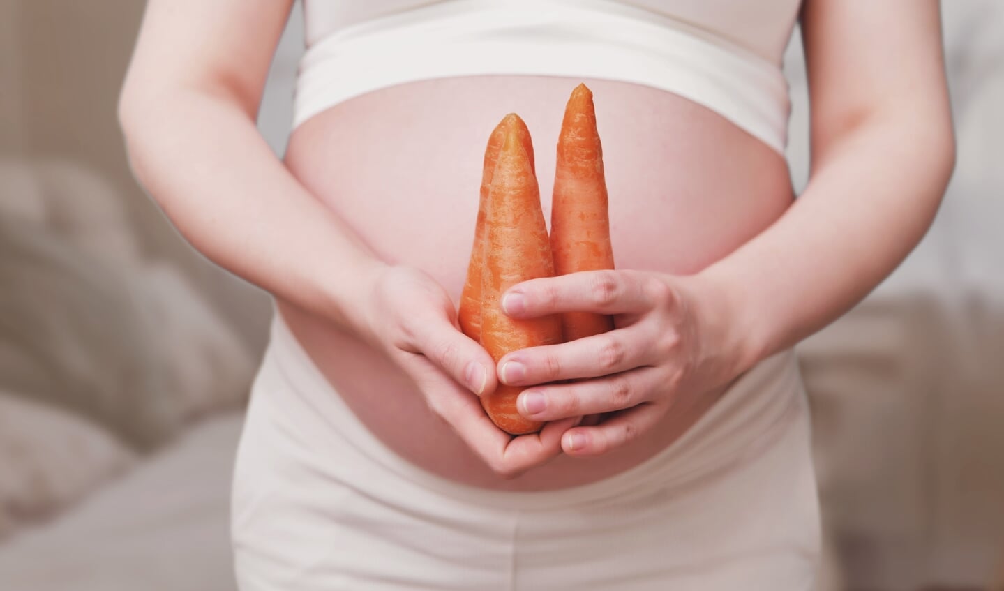 A pregnant woman with a carrot in her hands, home living room