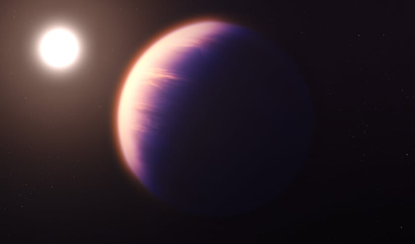 Computertekening van hoe planeet Wasp-39b eruit zou kunnen zien. In werkelijkheid staat de planeet te ver weg (700 lichtjaar) om er een foto van te kunnen maken.