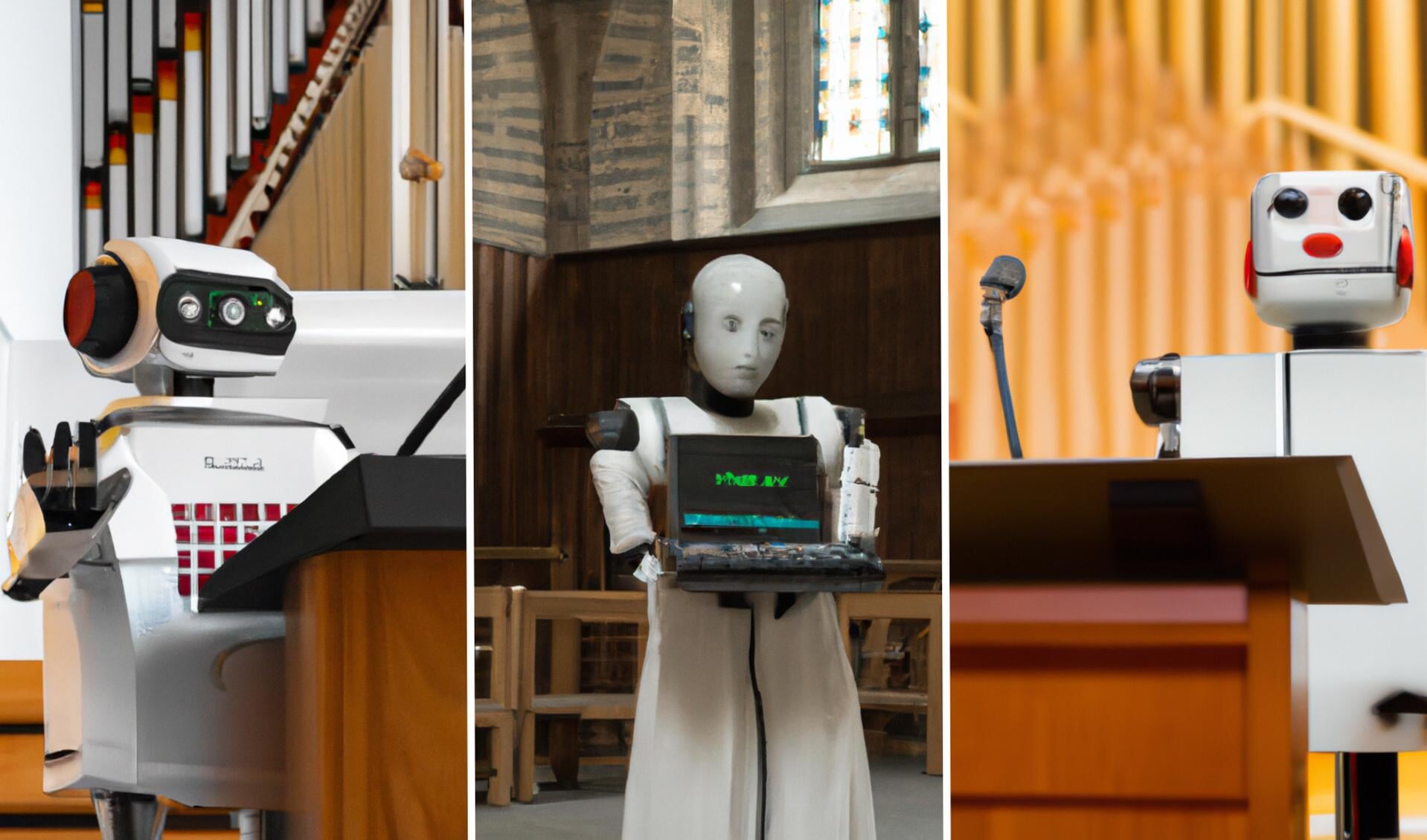 Deze afbeeldingen van robots als voorganger in een kerk zijn door een computerprogramma gegenereerd.