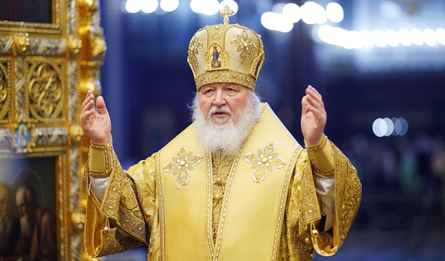 De Russisch-orthodoxe patriarch Kiril op zondag 27 februari in de Kathedraal van Moskou. 