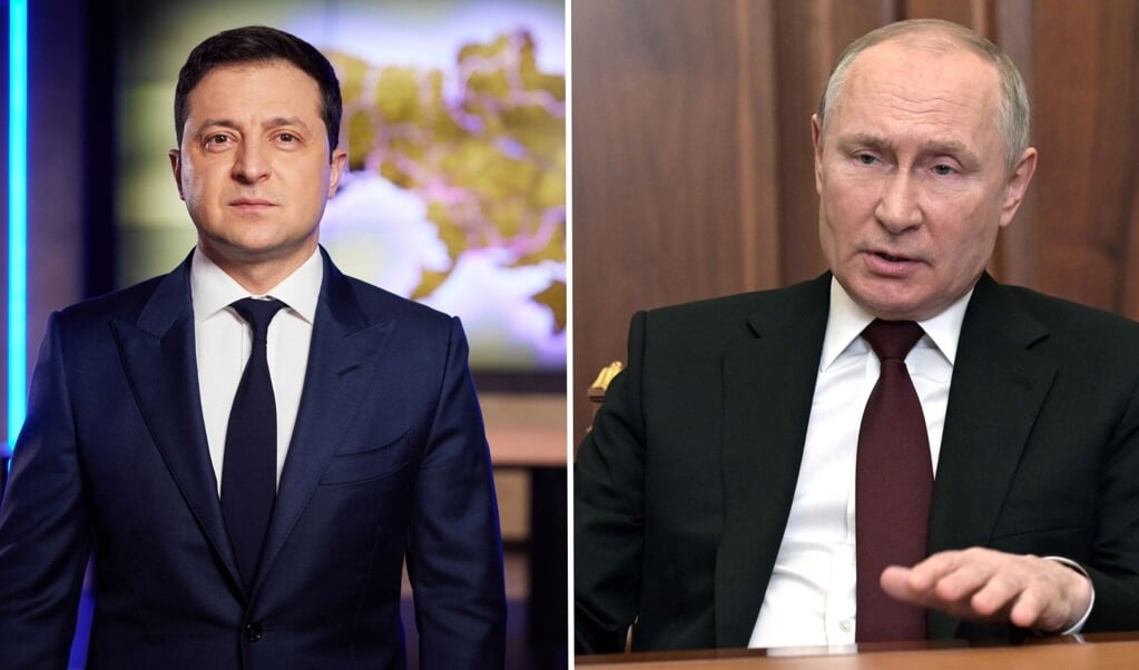 De president van Oekraïne: Volodymy Zelensky, en de president van Rusland: Vladimir Putin. (beeld AFP)