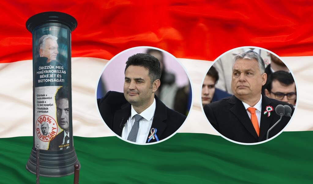 Links oppositieleider Péter Marki-Zay en rechts de Hongaarse premier Viktor Orbán. De grote reclamezuilen in Boedapest zijn door regeringspartij Fidesz gehuurd om oppositieleider Péter Márki-Zay te beschimpen.   (beeld Ruurd Ubels, canva, epa)