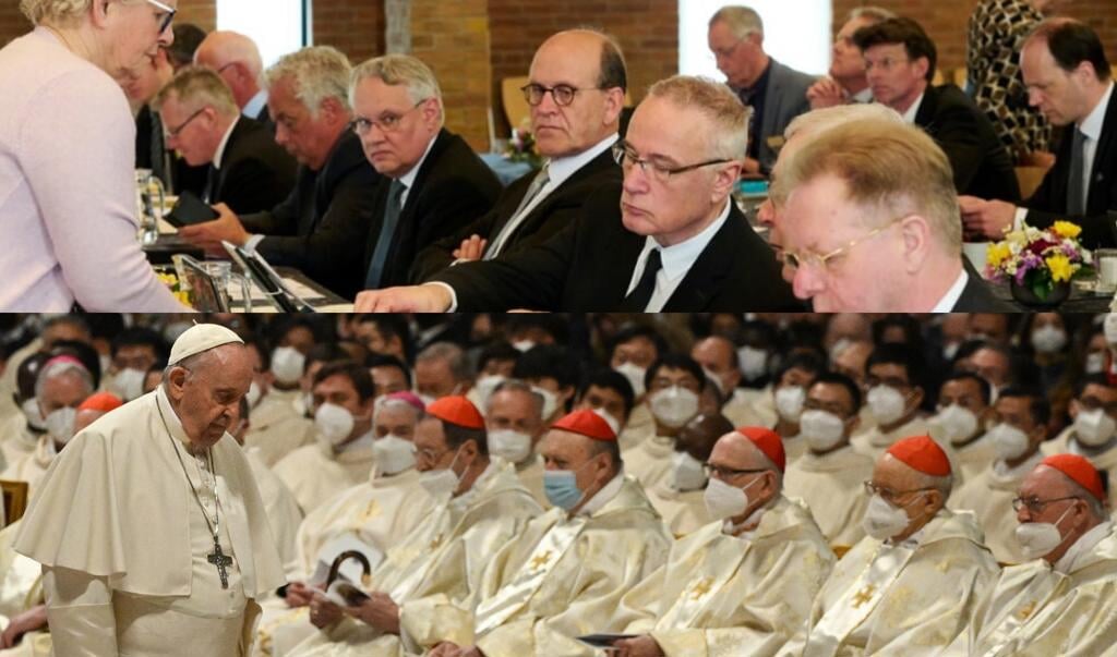 Boven: synodeleden van de Christelijke Gereformeerde Kerken. Onder: paus Franciscus samen met verschillende kardinalen en priesters.   (beeld Dick Vos - Tiziana Fabi / afp)