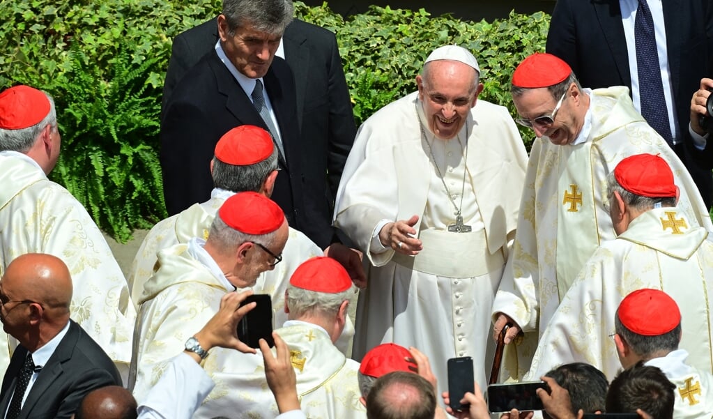 Paus Franciscus met enkele van zijn kardinalen na de heiligverklaring van onder meer Titus Brandsma op 15 mei 2022. (beeld afp / Vincenzo Pinto)