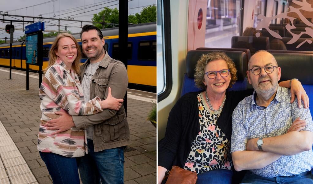 Nick van Rookhuijzen en Kirsten Spooren (links) hebben elkaar leren kennen op een internationale nachttrein. Hans en Giny Leijssenaar (rechts) raakten verliefd bij een ontmoeting in de trein.  (beeld Joost Hoving, Jaco Klamer)