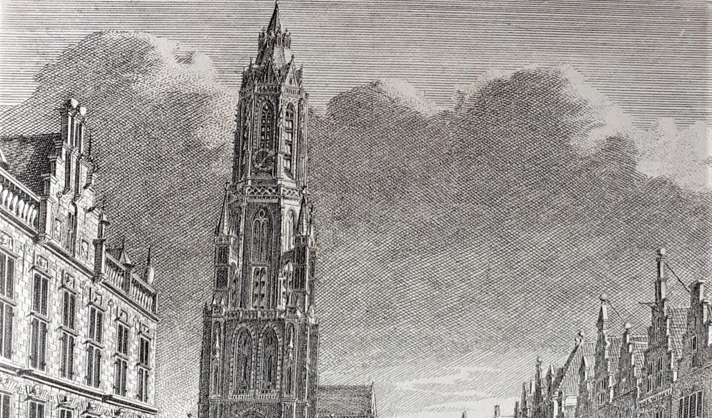 Het stadhuis, de Nieuwe Kerk en de Grote Markt te Delft, 1743.