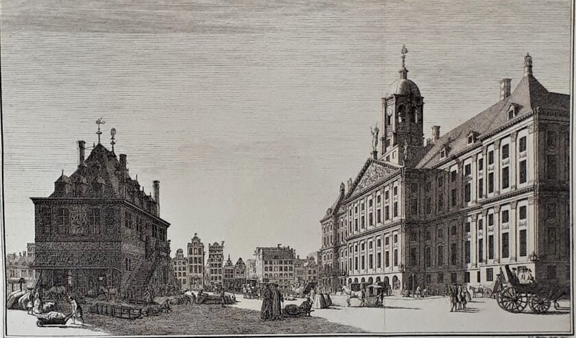 De Dam met het stadhuis en de Waag in Amsterdam, 1743.
