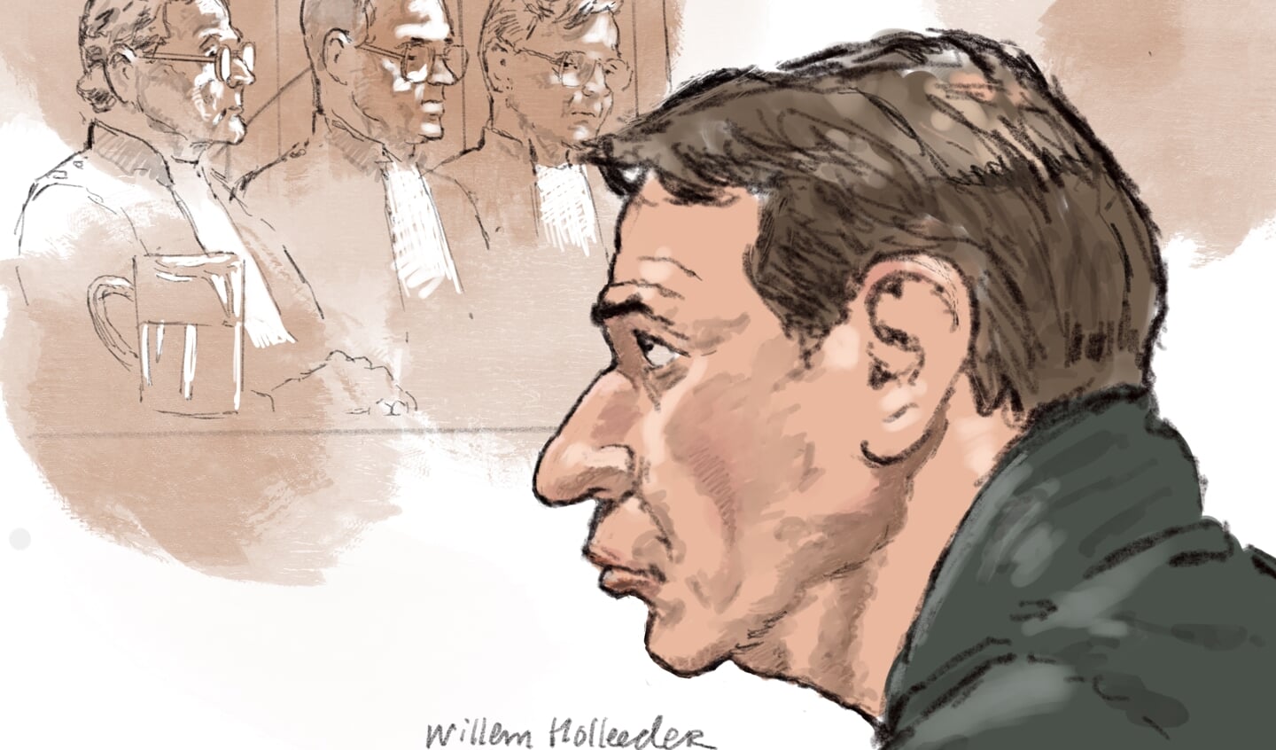 Rechtbanktekening van Willem Holleeder tijdens de uitspraak van het gerechtshof in Amsterdam in de strafzaak tegen Holleeder. Holleeder is in hoger beroep veroordeeld tot een levenslange gevangenisstraf voor het geven van een reeks moordopdrachten. 