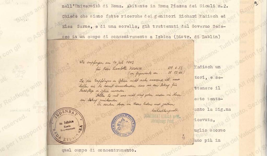 Een van de brieven van de joden die zich tot paus Pius XII richtten met een verzoek om hulp.  (beeld nd)