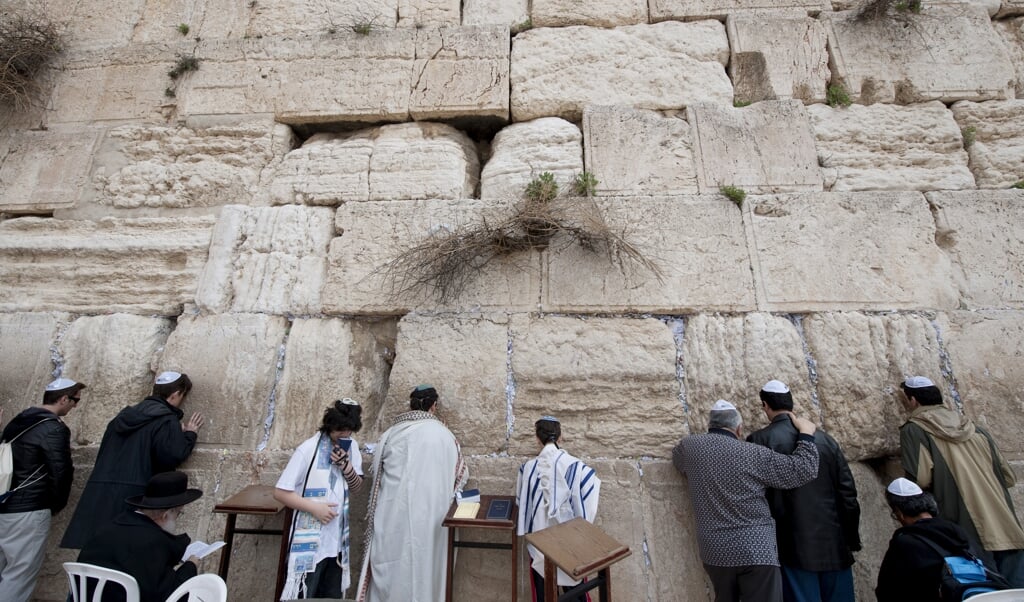 Gelovigen bezoeken de klaagmuur van de Joodse Tempel die op de Tempelberg in de oude stad Jeruzalem is gebouwd. (beeld anp / Robert vos)