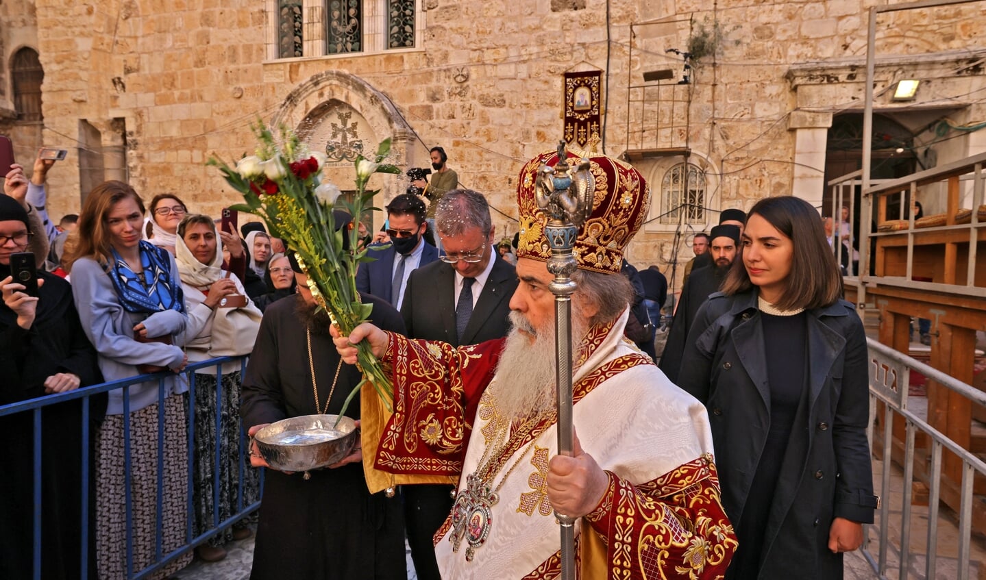 De Grieks-orthodoxe patriarch tijdens een ceremonie in Jeruzalem.